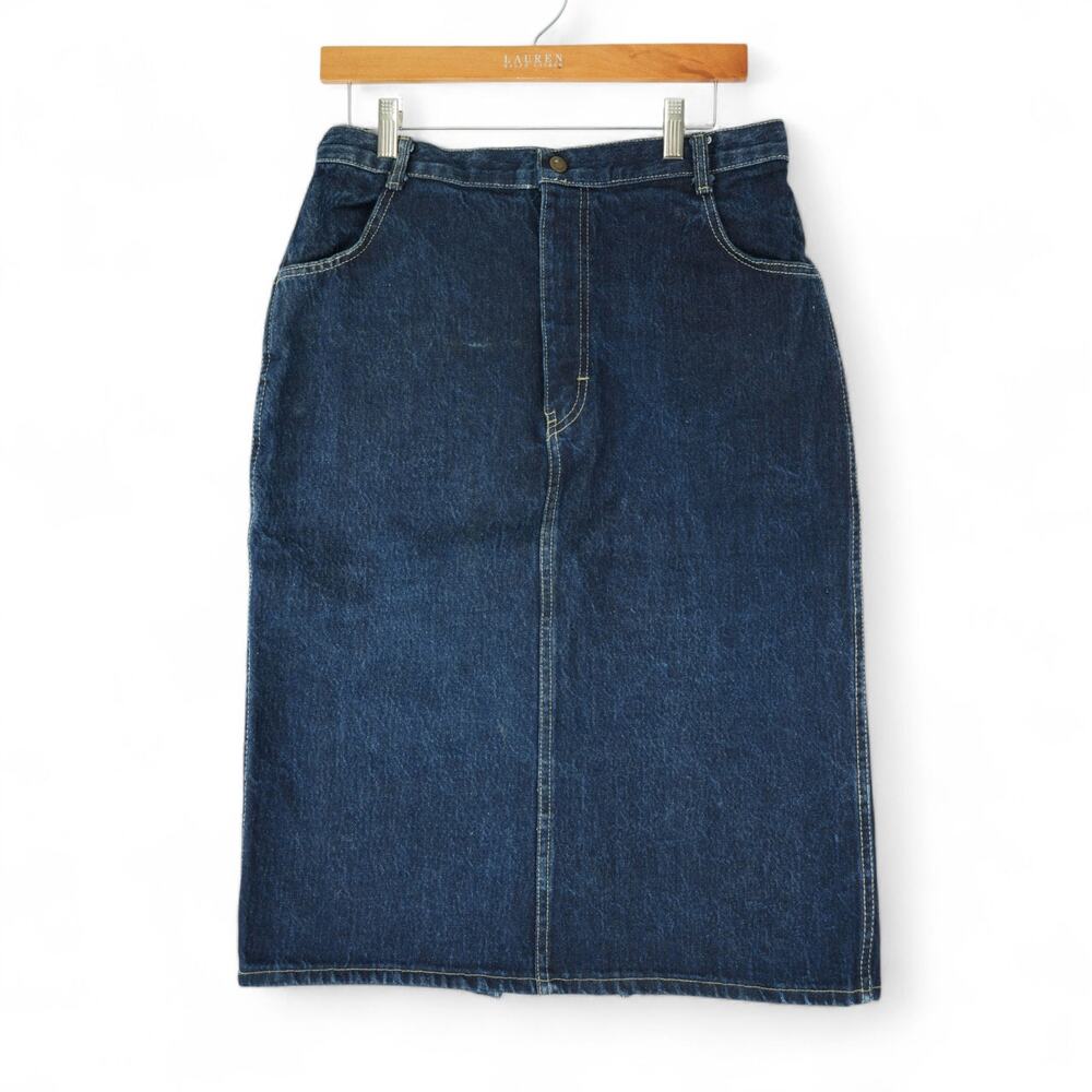 Vtg Weathered Blue Denim Jean Skirt Womens 13/14 30W Midi Tulip Back Slit‎ USA